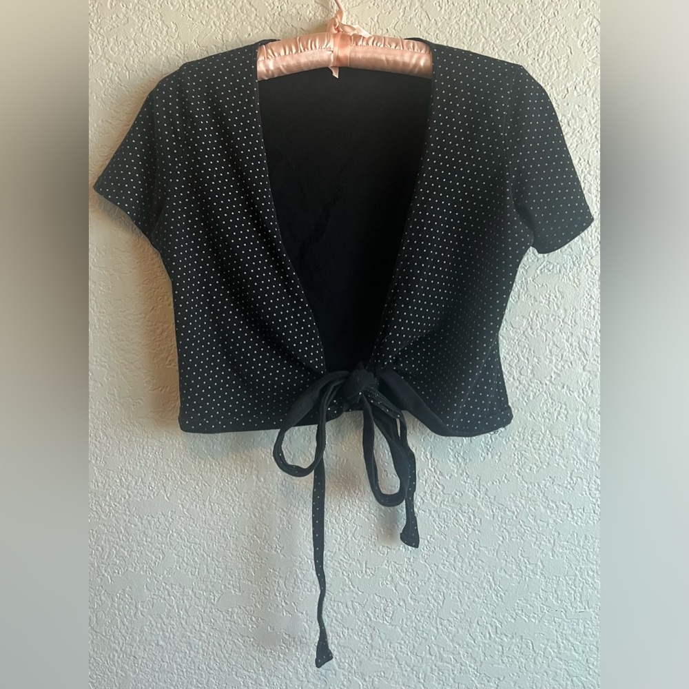 Black Polka Dot Tie-Front Top